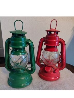 2 Rare department 56 Oil Burning Hurricane Lanterns Red Green Vintage Christmas